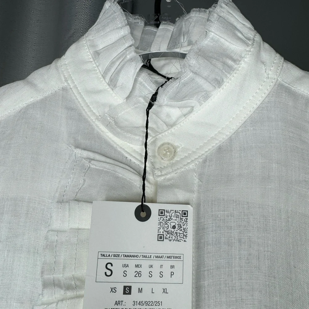 NWT Zara Woman RUFFLED 100% RAMIE SHIRT ZW COLLECTION White Size S Small - Picture 10 of 12